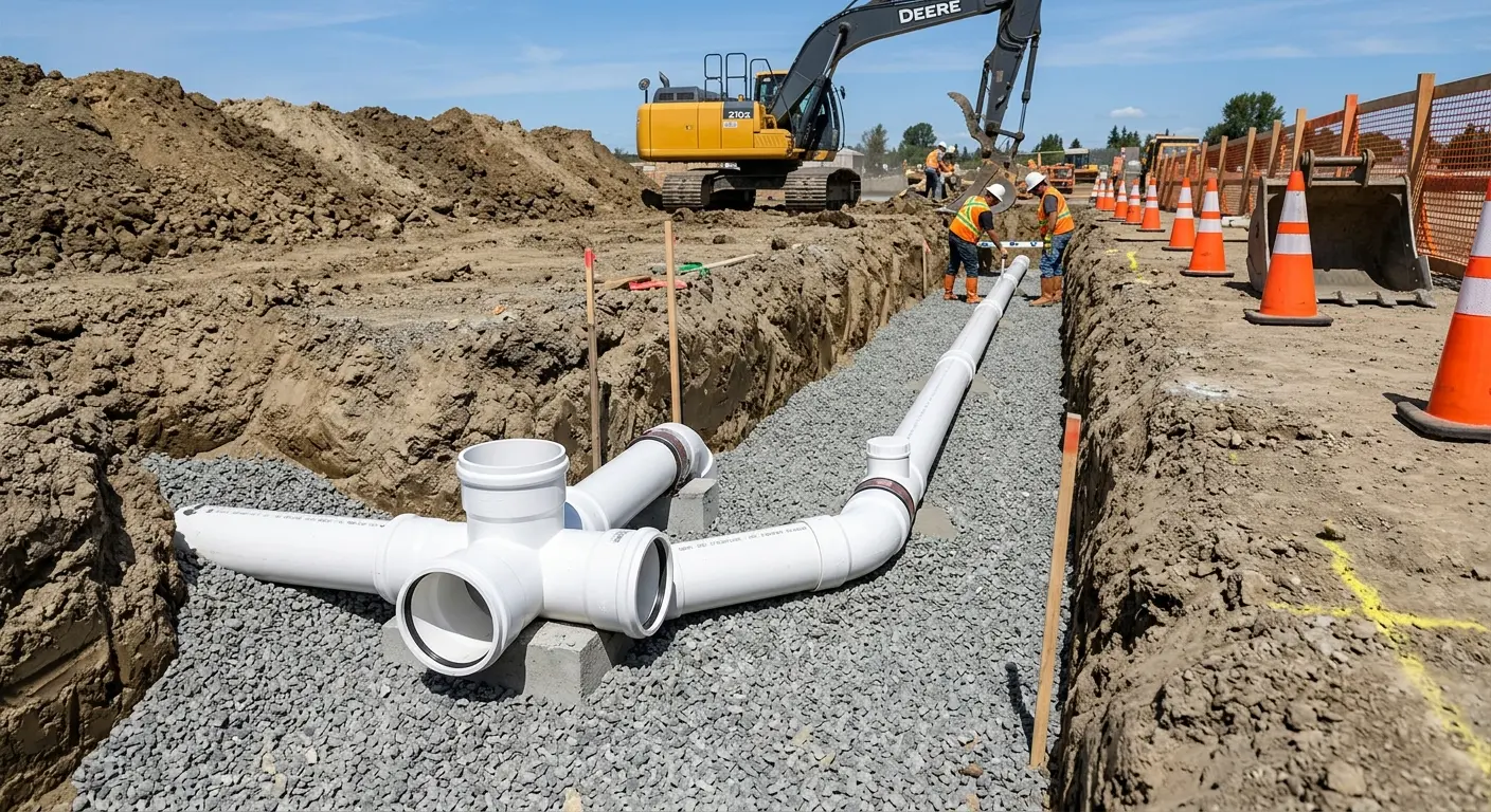 New PVC sewer pipe installation in open trench for Sewer Backup in Paris