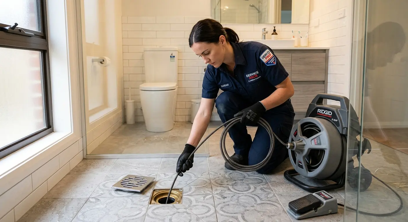 Technician clearing a bathroom floor drain for Drain Cleaning in Paris